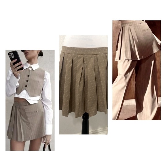 NWOT ZARA Women’s Pinstripe Box Pleat Skirt BROWN/BEIGE Large MAKE A STATEMENT - Picture 1 of 11